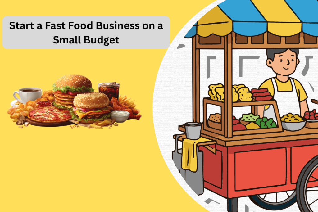 A vibrant fast food display featuring burgers, fries, pizza, and momos, representing profitable small budget fast food business ideas in India.